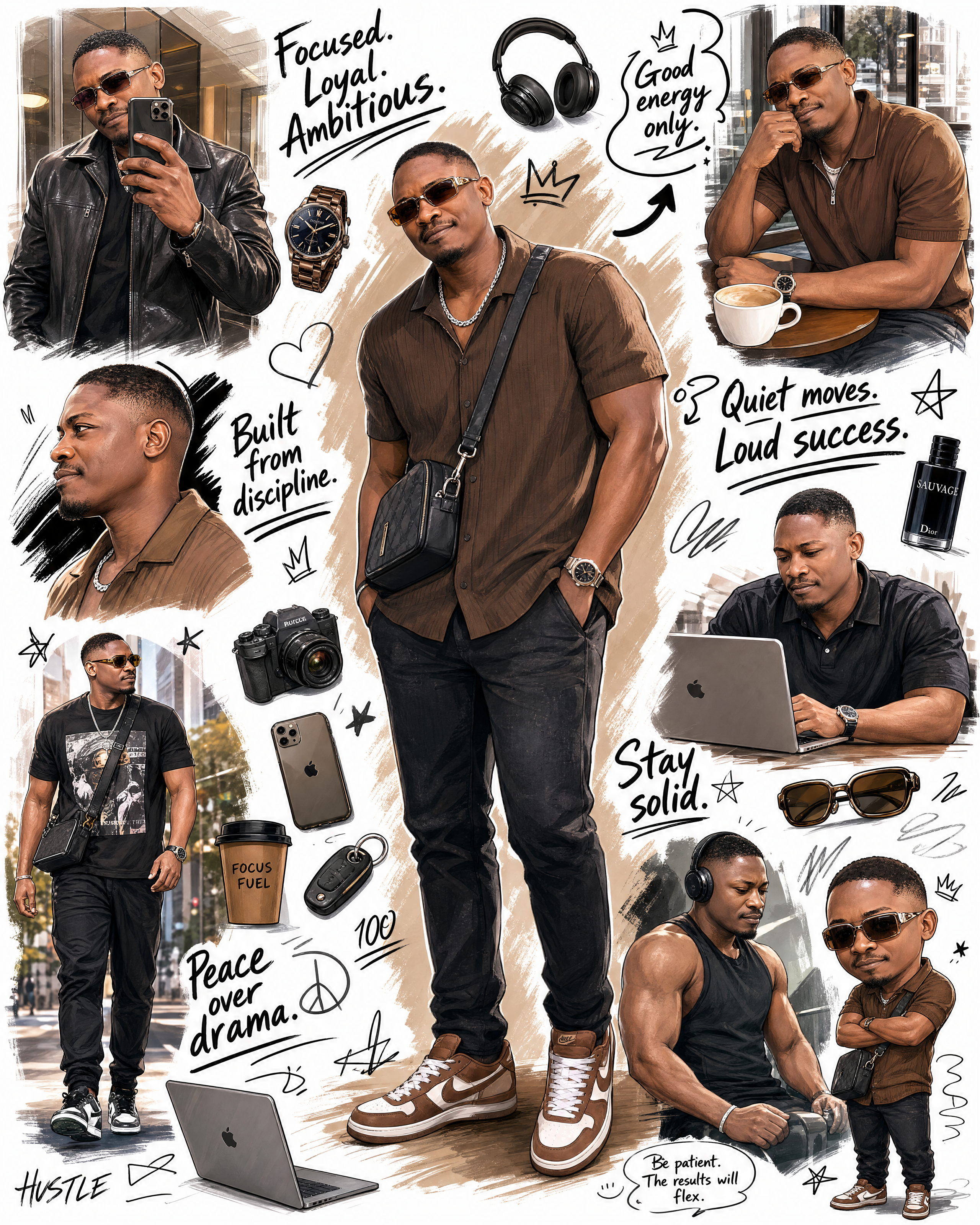 A hyper-detailed illustrated lifestyle collage of a stylish African man designed like a m…