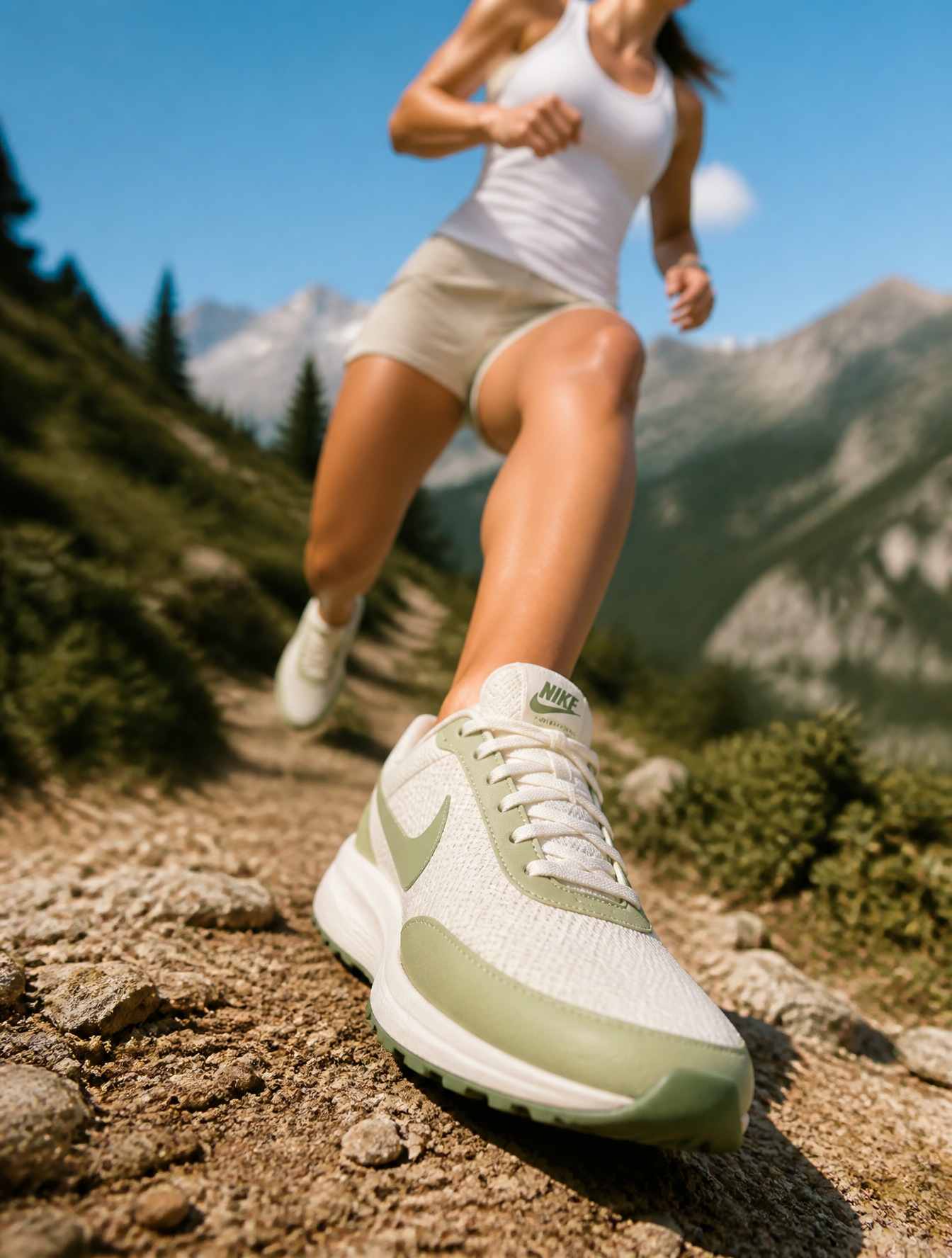 A hyperrealistic Nike sneaker advertisement shot on a sunny mountain trail during a brigh…