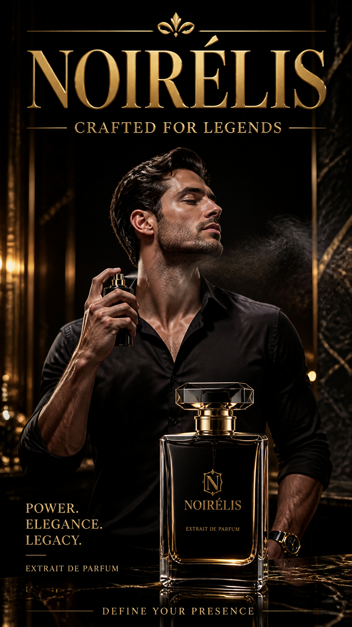 Ultra-premium luxury perfume advertisement, vertical 9:16 format, handsome male model wit…