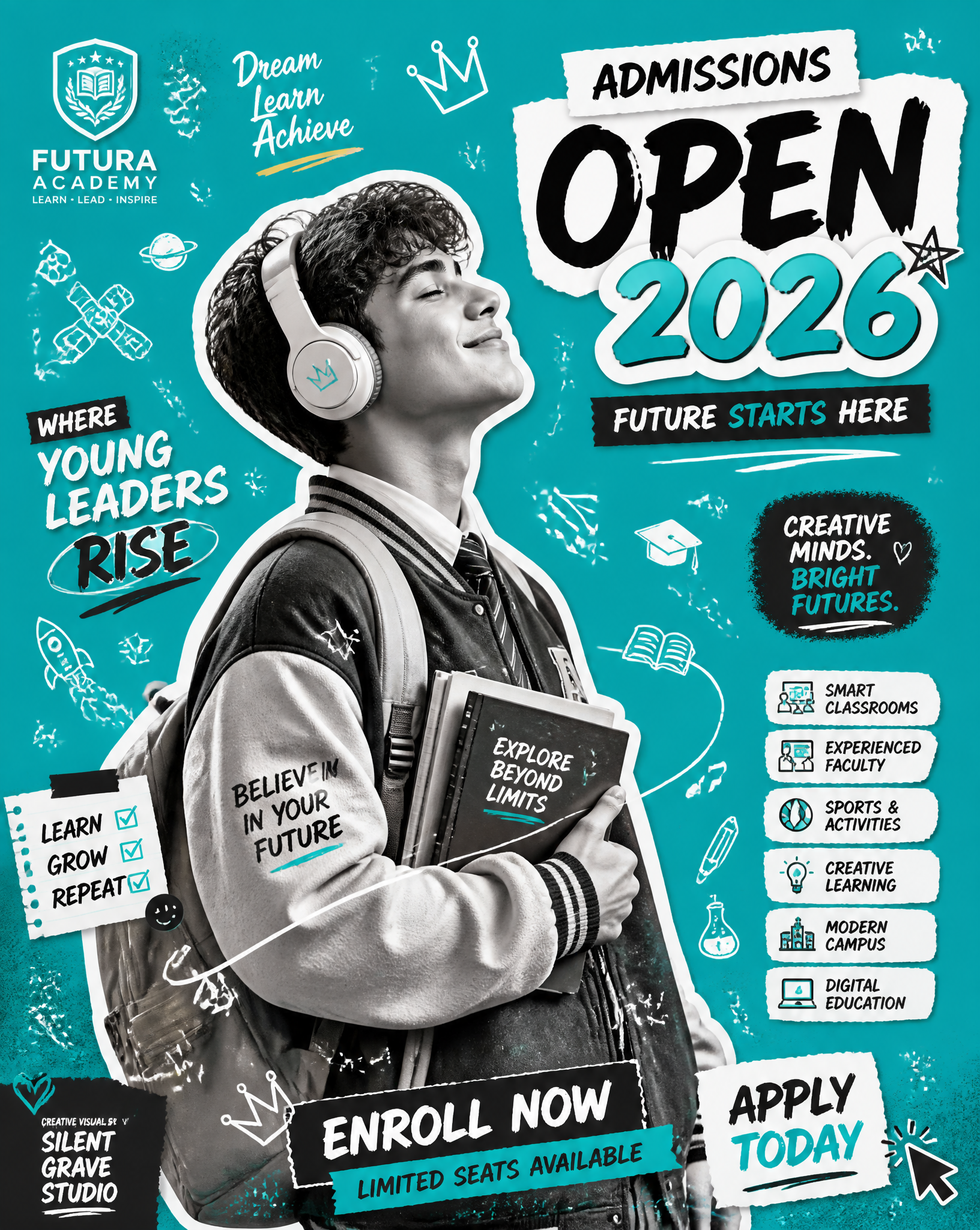 Create an original school admission advertisement poster in modern Y2K scrapbook collage …