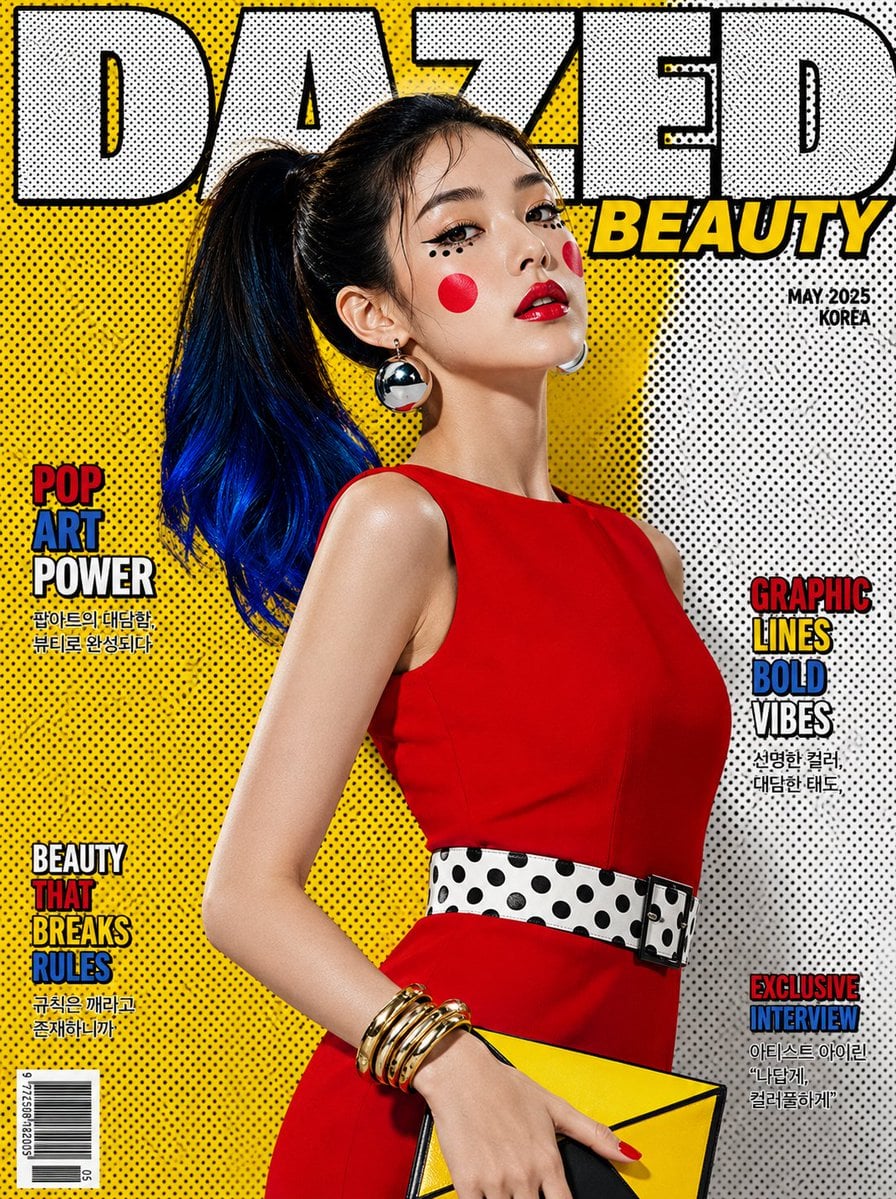 Ultra-realistic pop-art luxury beauty magazine cover featuring a striking Korean woman in…