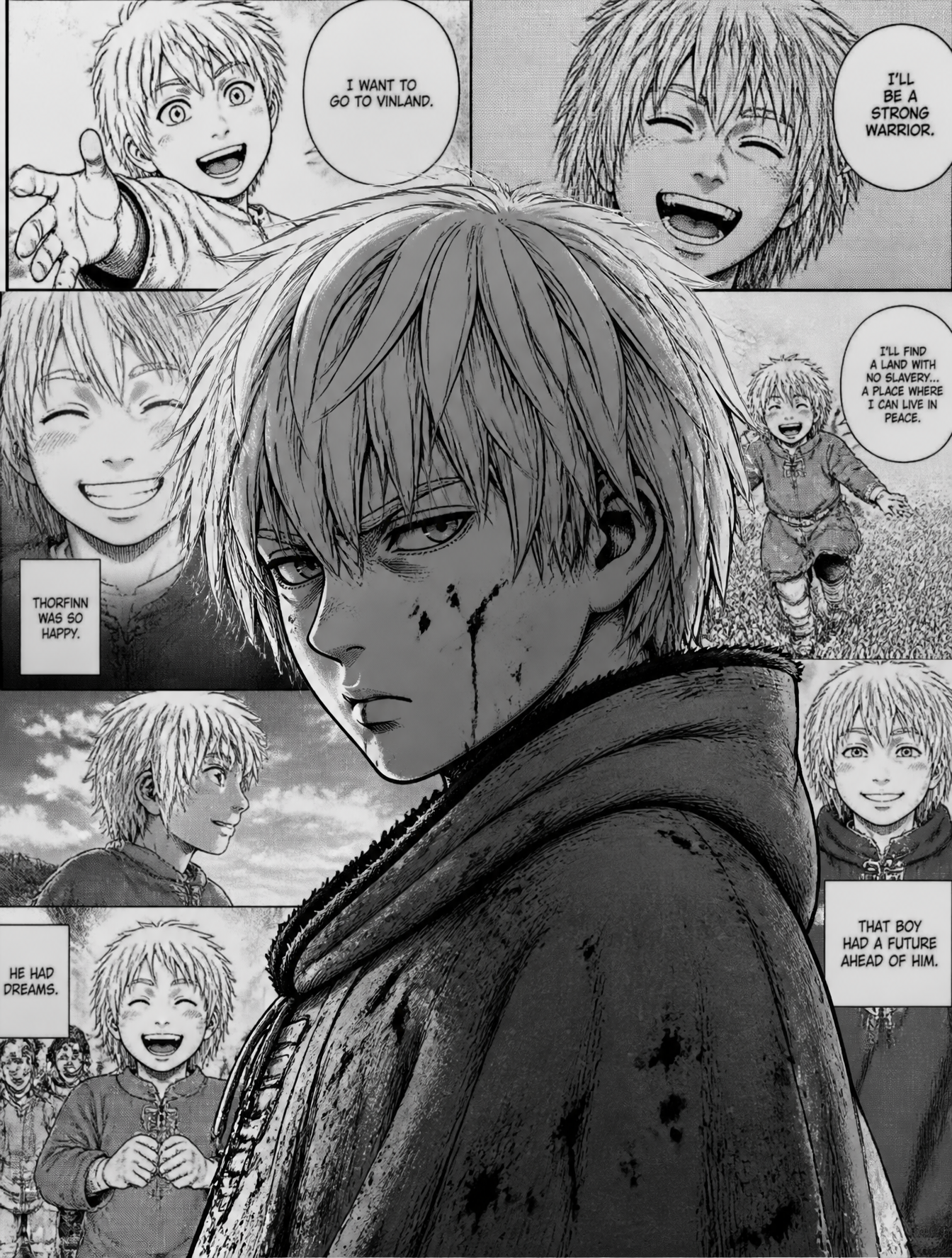 make thorfinn form vinland saga a teen make his face have blood not too much and make the…