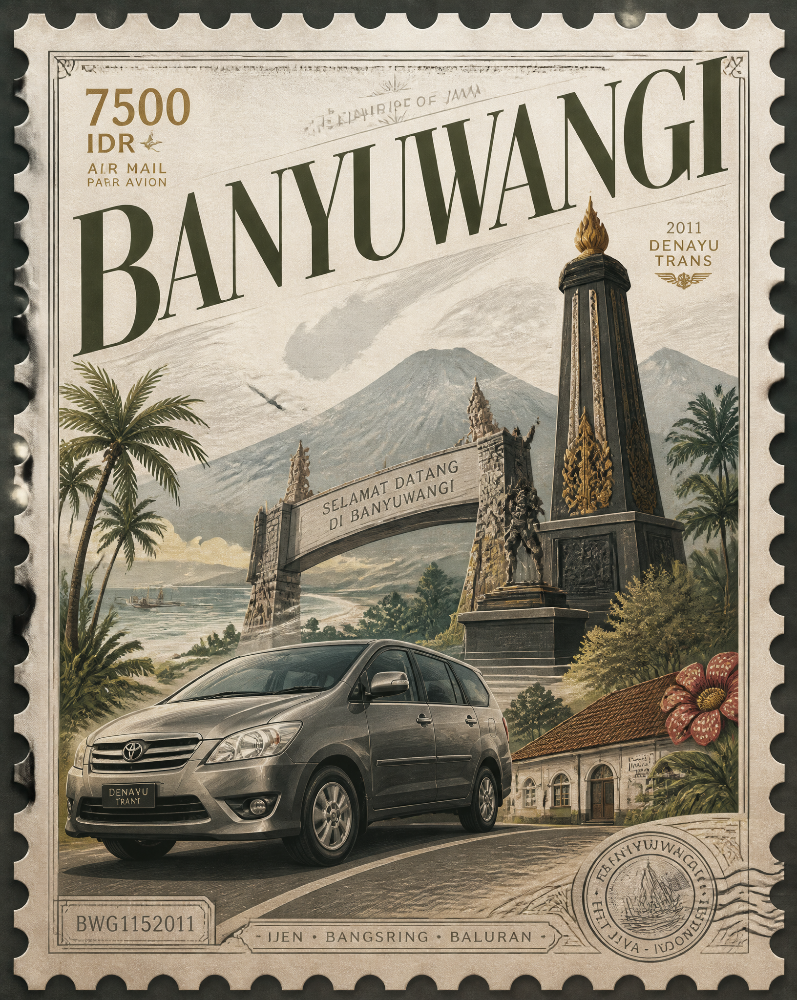 Design a 4:5 premium stamp collection poster for the city of Banyuwangi, where the entire…