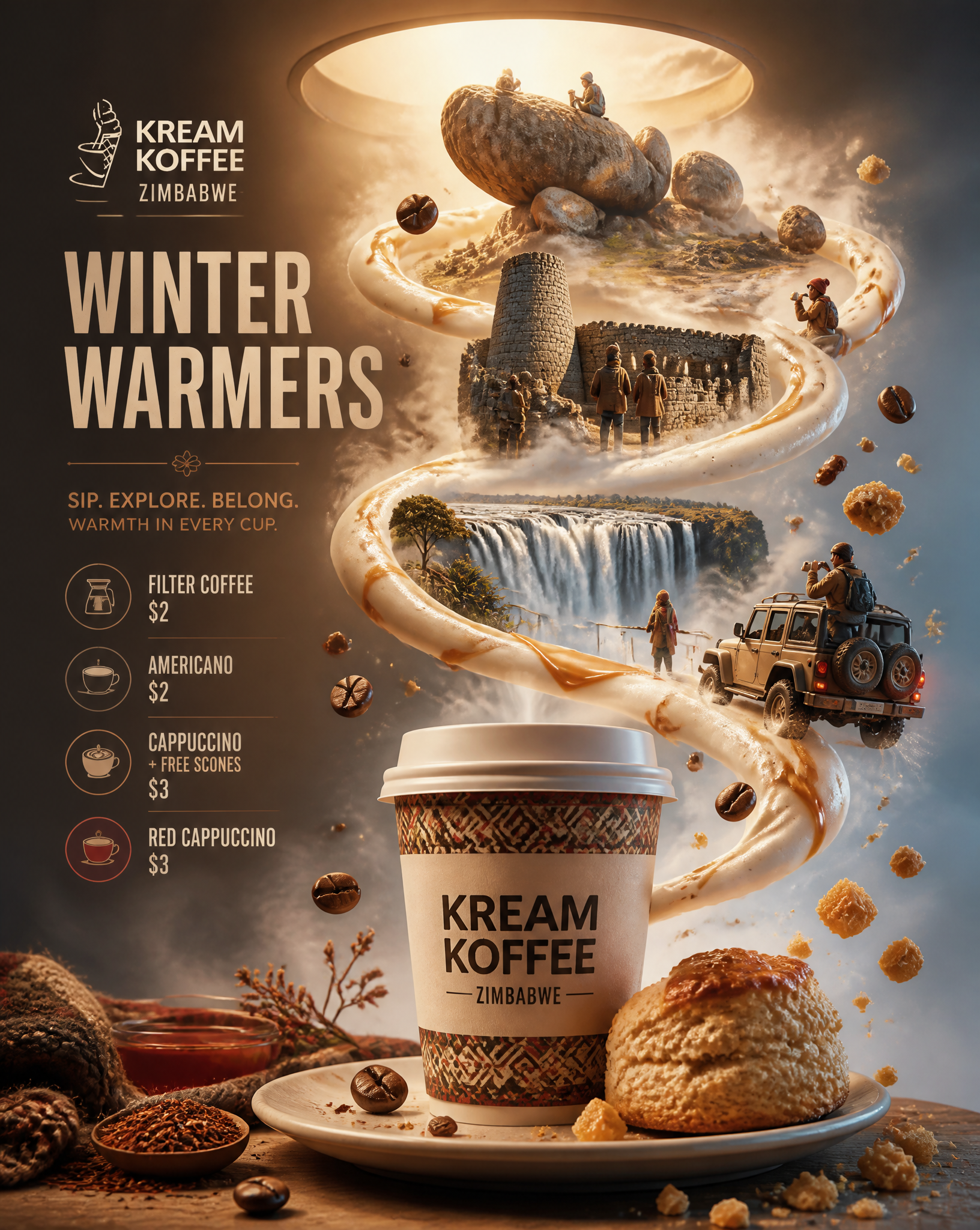 Ultra-detailed premium winter coffee advertisement poster for Kream Koffee Zimbabwe [imag…