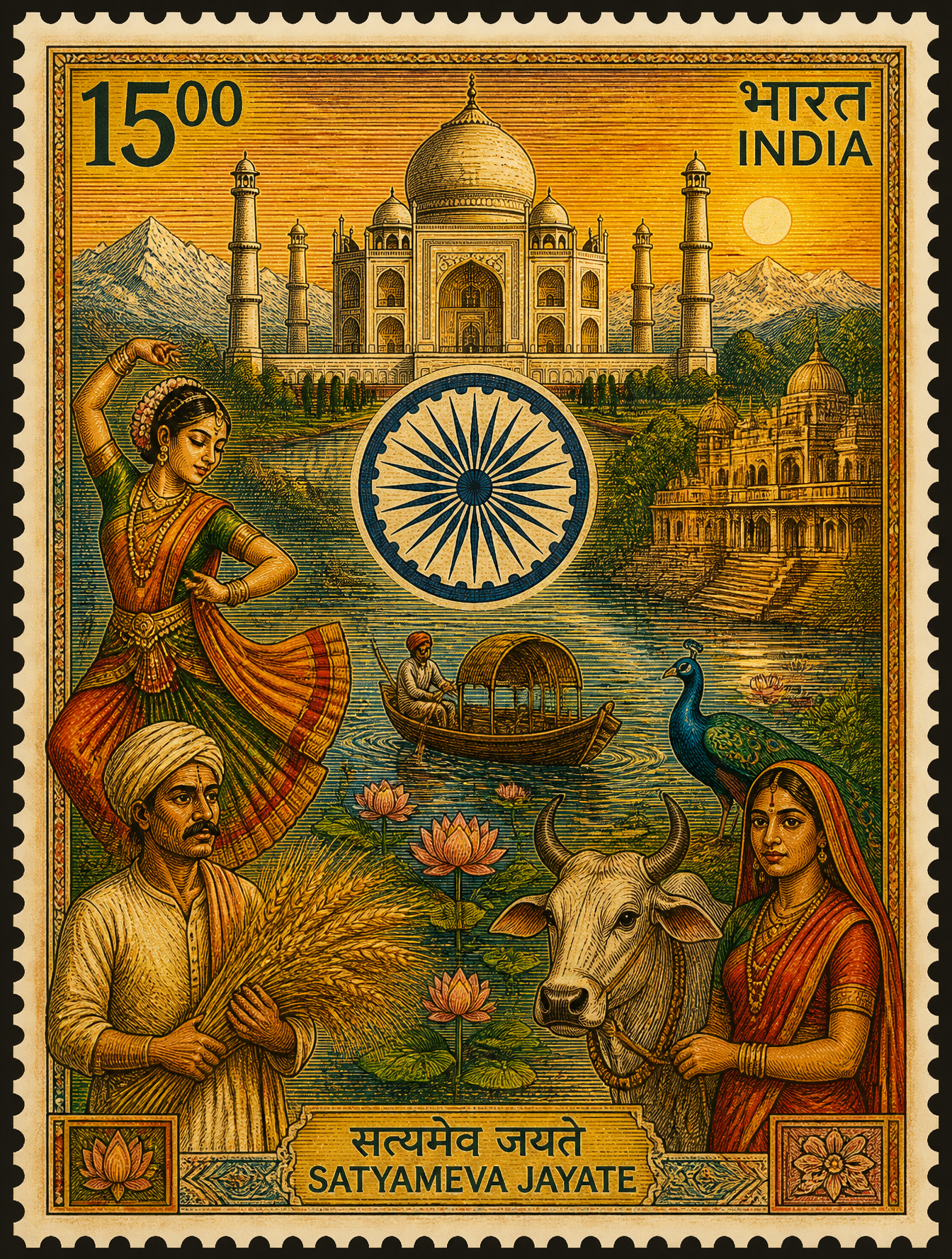 A detailed postage stamp illustration depicts a vibrant, stylized tapestry of Indian cult…