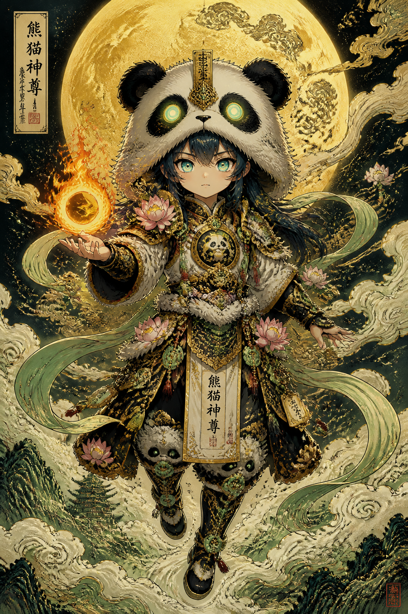 A vertical full-body anime illustration of a mystical child deity floating in the sky, we…