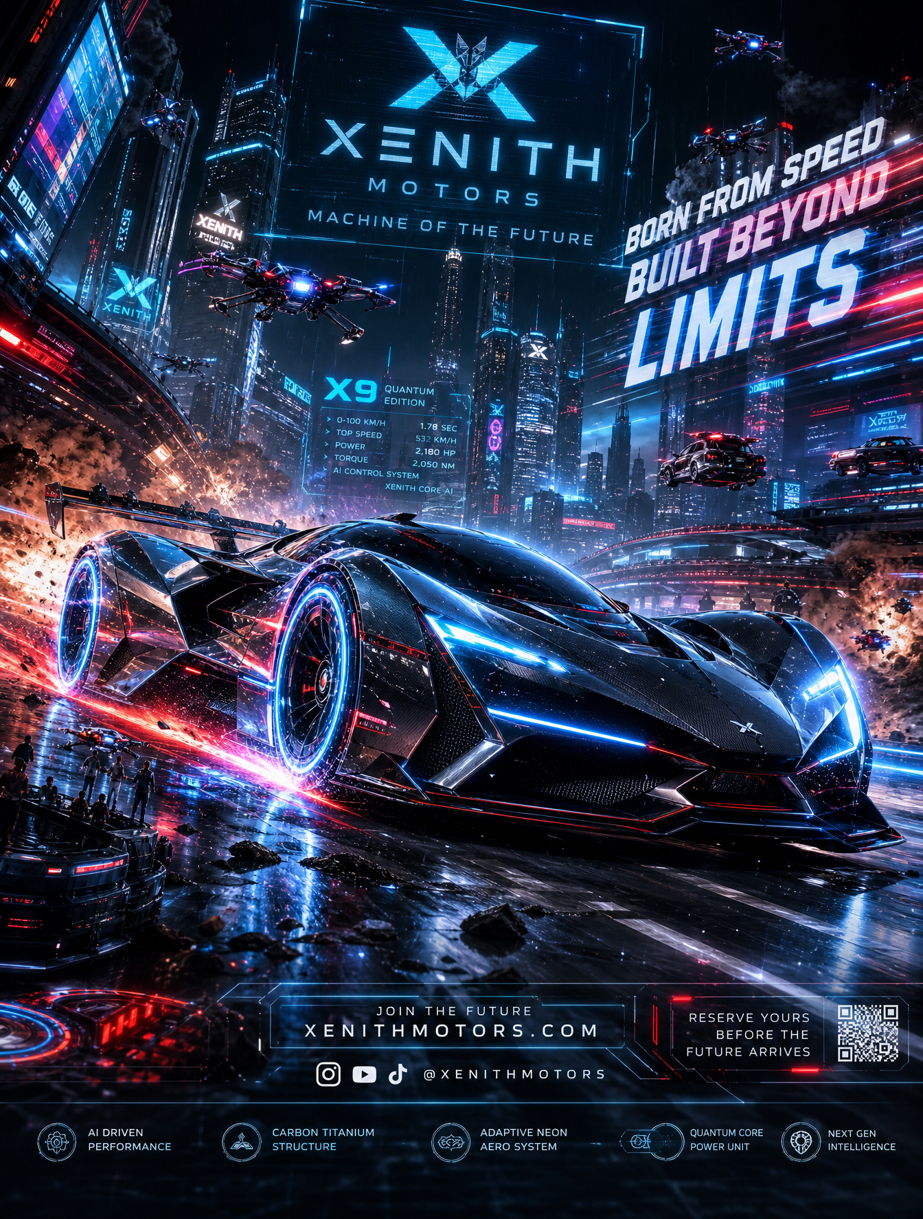 Create an insanely cinematic luxury automobile advertising flyer with a “Machine of the F…