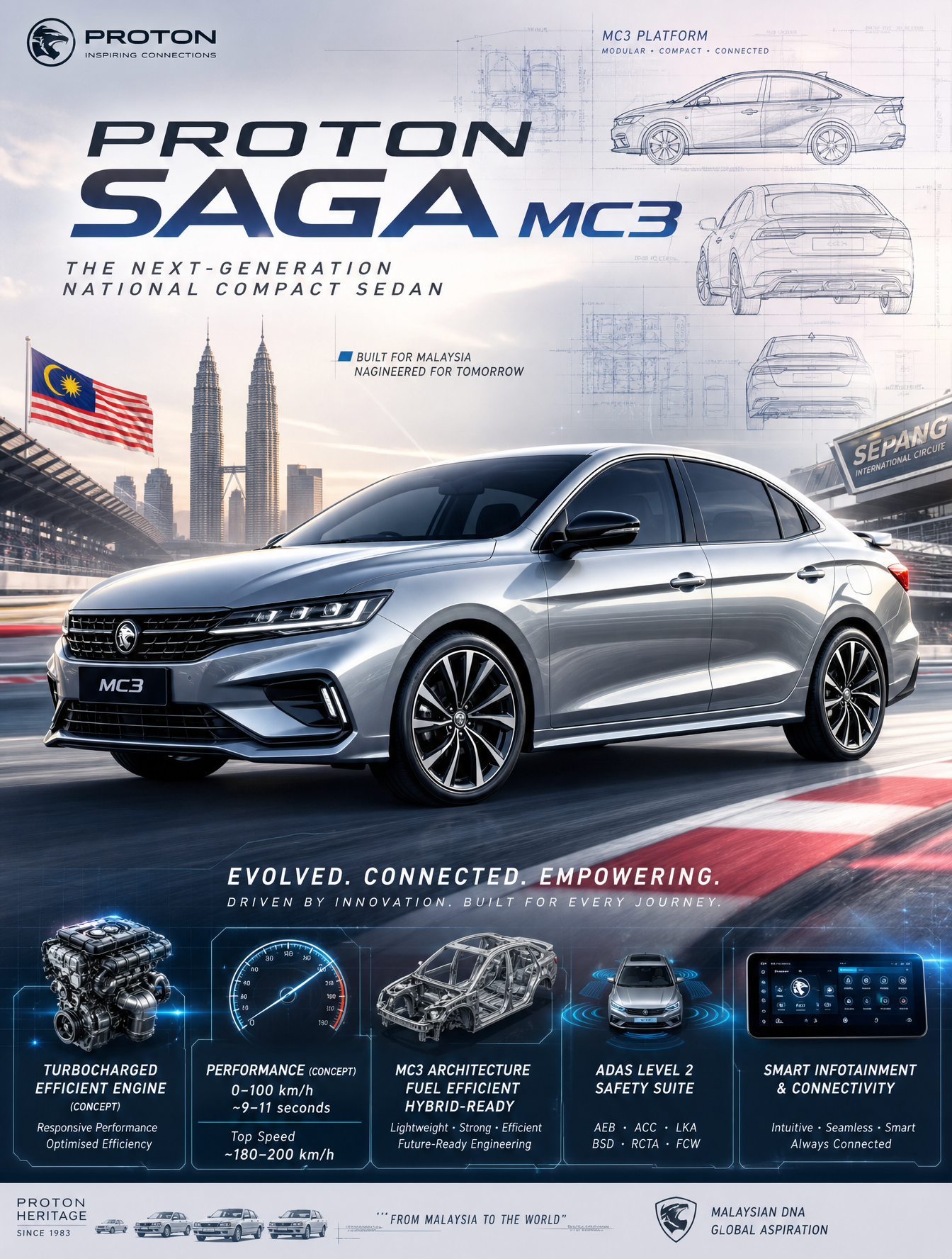 Create an epic premium automotive poster of Proton Saga MC3 (Next-Generation Proton Saga …