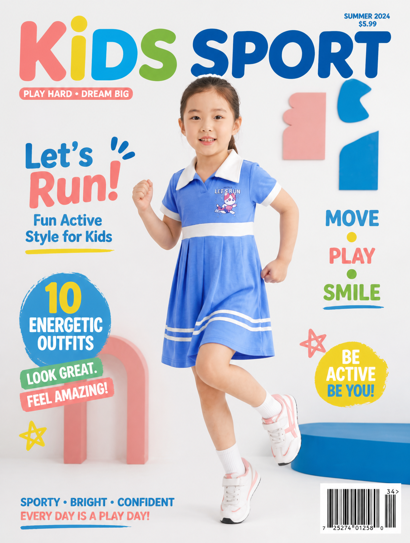 Children's sports magazine cover, full-body studio shot of a cheerful young girl in a dyn…