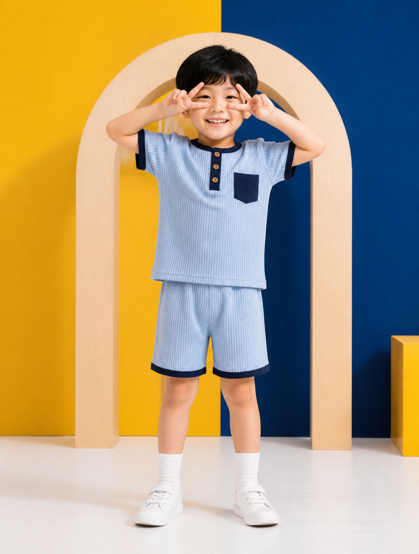 A young East Asian boy with a joyful expression stands centered, his hands raised to form…