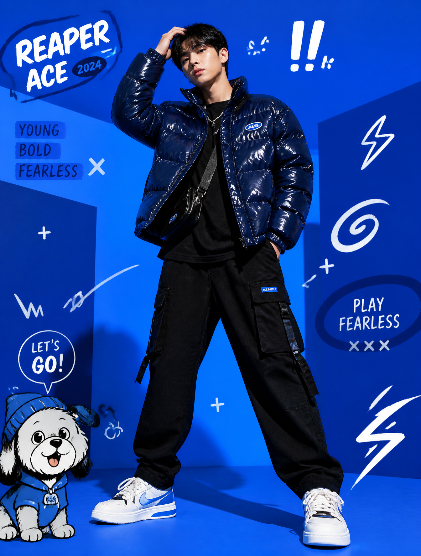 A full-body fashion editorial scene against a vibrant electric-blue studio background wit…