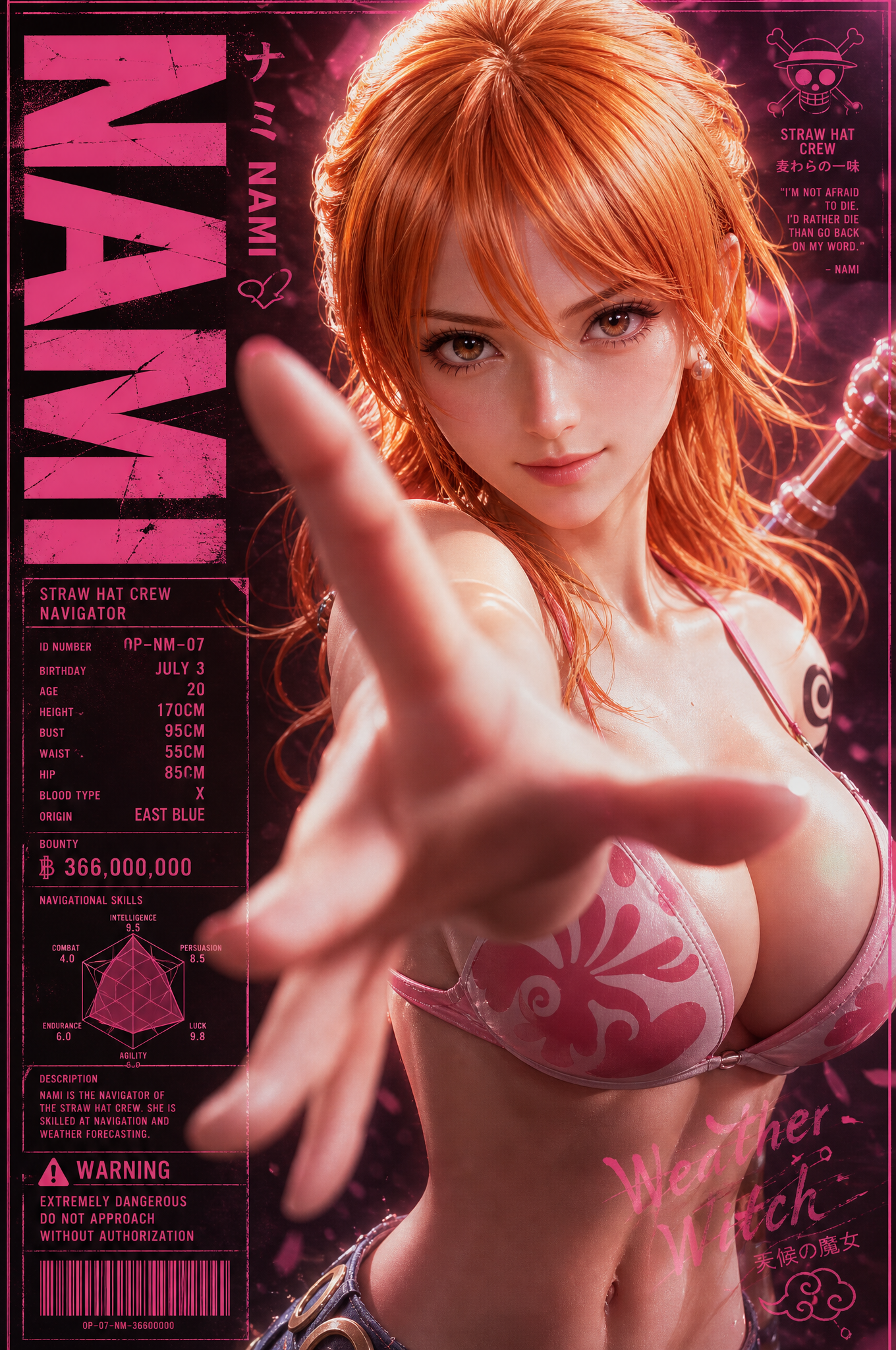 A vertical character poster featuring [娜美 (Nami)] as the absolute main visual, occupying …