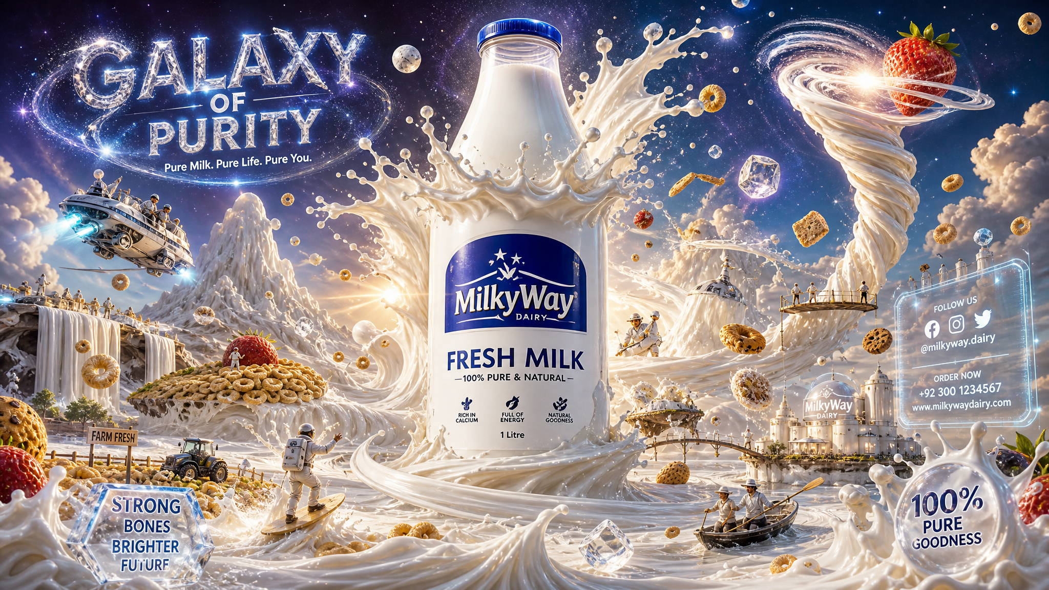 Create an insanely creative cinematic milk product advertising flyer with a magical “Gala…