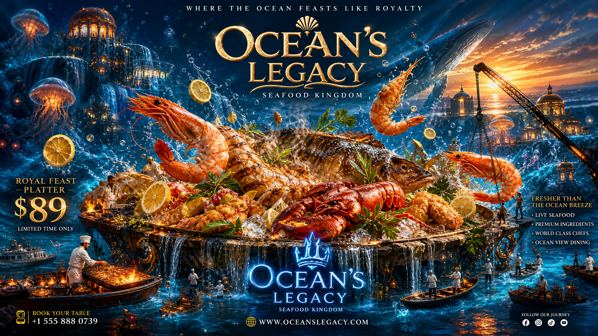 Create an insanely cinematic seafood restaurant advertising flyer with a massive underwat…