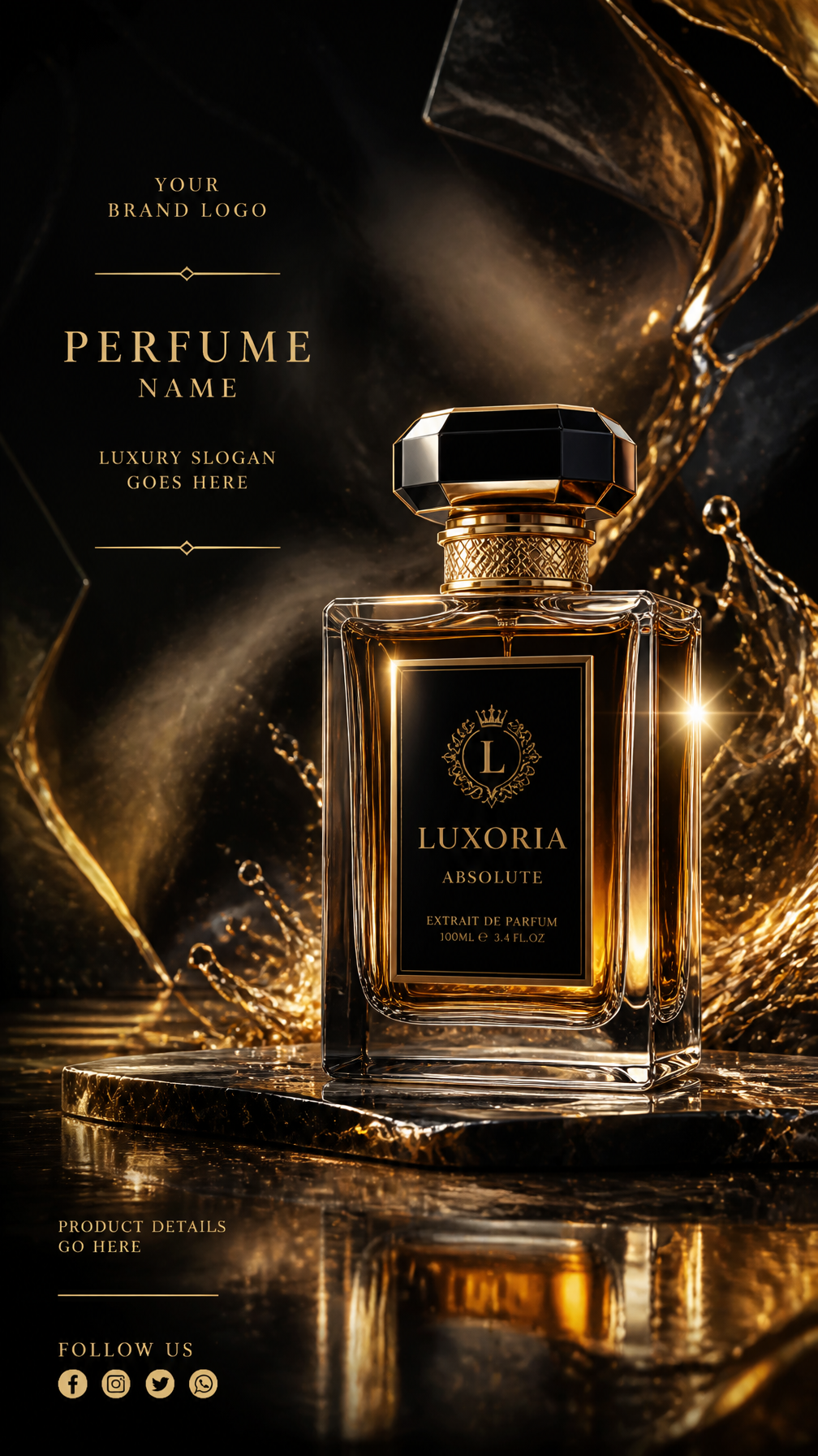 Create an ultra-luxury cinematic perfume flyer design for a high-end fragrance brand.