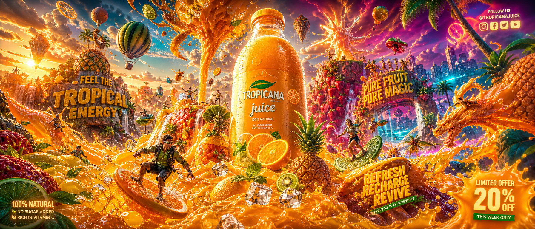 Create an insanely creative, visually overwhelming, cinematic juice advertising flyer wit…