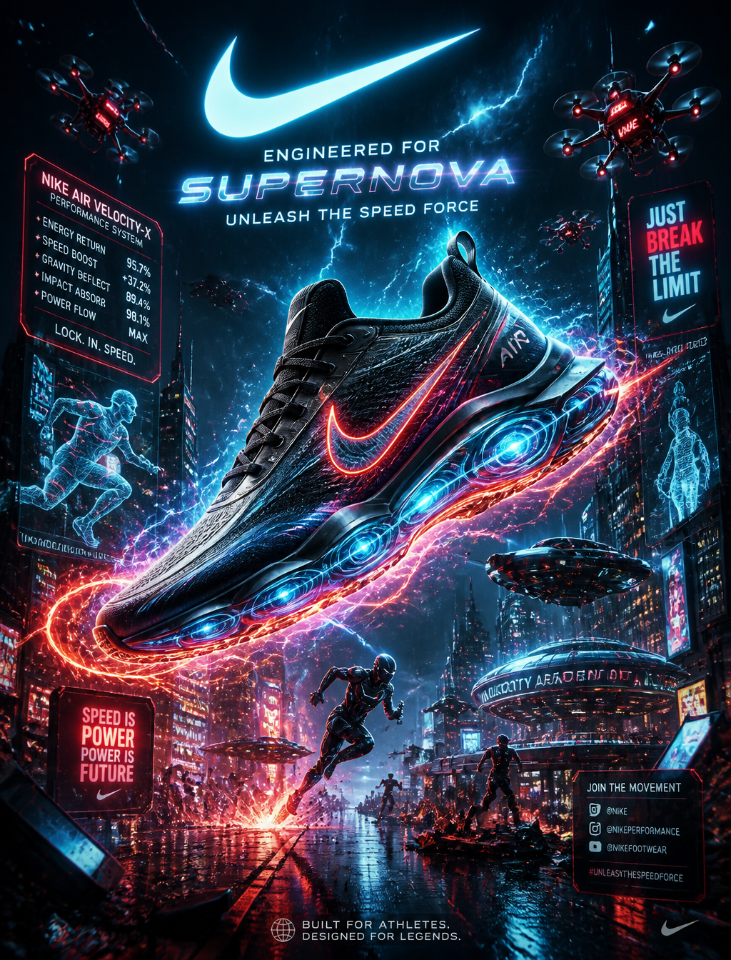 Create an insanely futuristic cinematic sports shoe advertising flyer with a legendary wo…