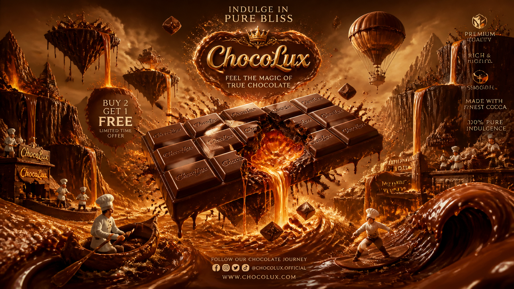 Create an insanely luxurious cinematic chocolate advertising flyer with a surreal fantasy…