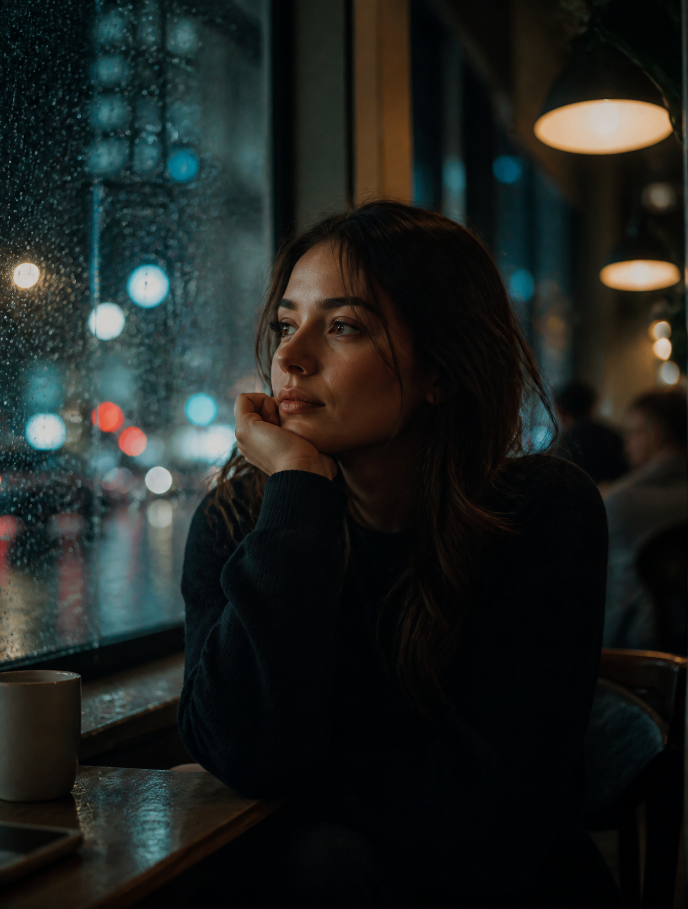Ultra-realistic cinematic portrait of a person sitting beside a rainy window in a quiet c…