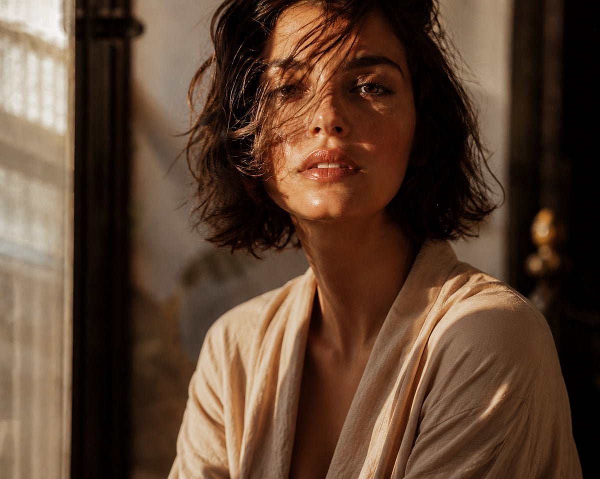 Cinematic editorial close-up of an elegant young woman with a tousled chin-length brunett…