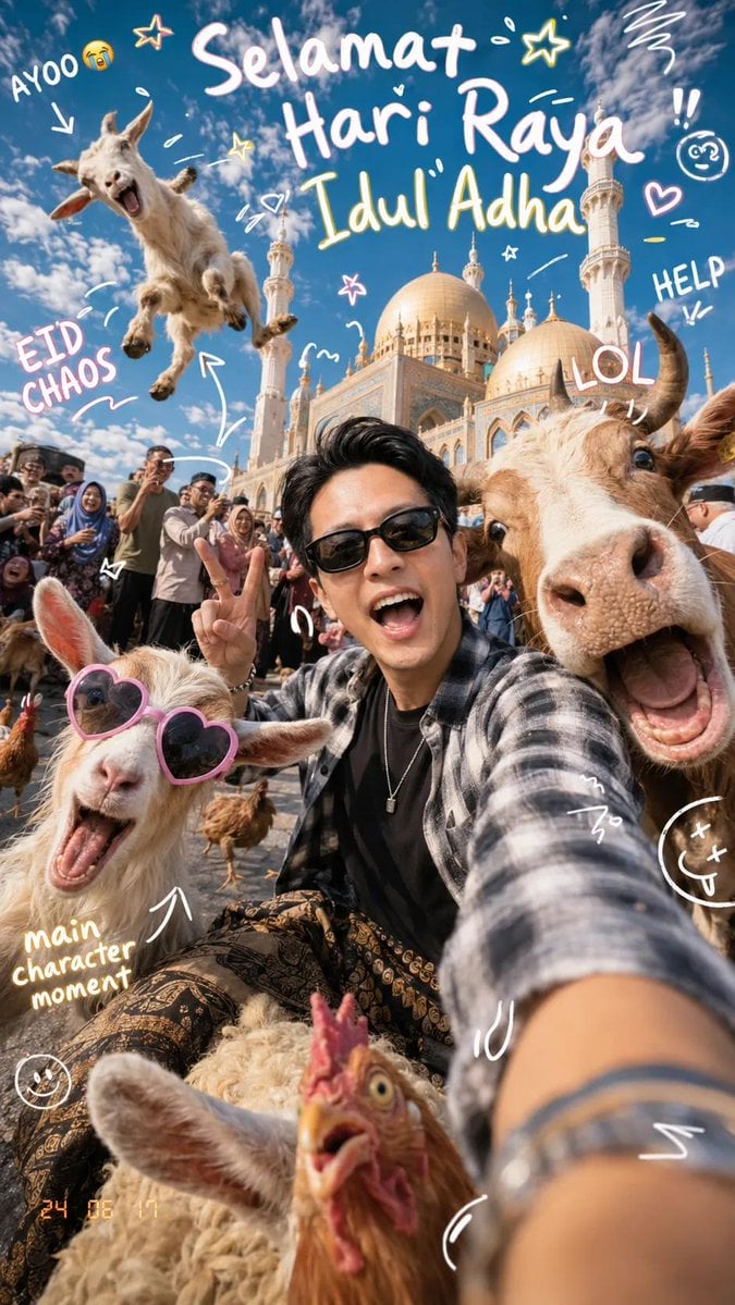 Ultra-realistic super cute chaotic Eid al-Adha selfie photograph in front of a dreamy pas…