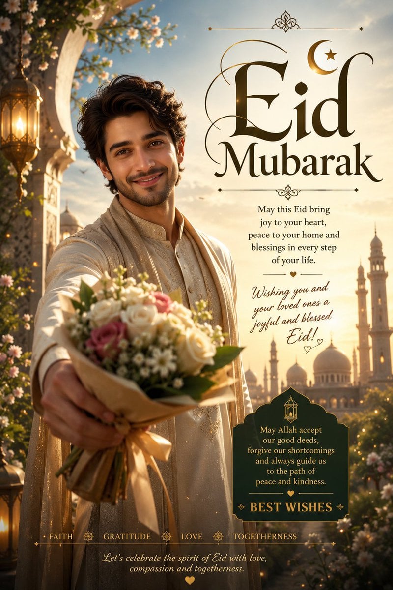 Generate a poster for wishing my X audience Eid Mubarak and best wishes written, it shoul…
