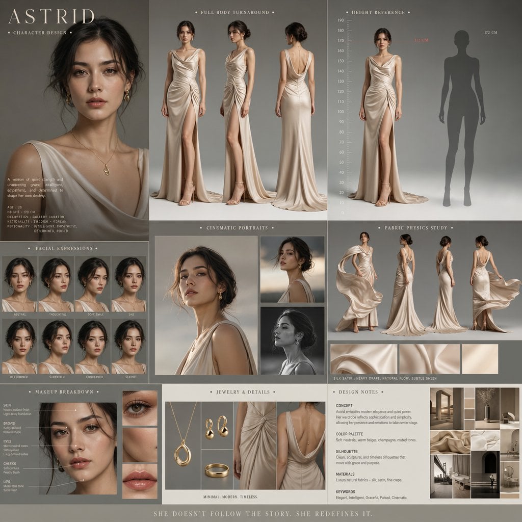 Create a cinematic character design board for a premium drama film.