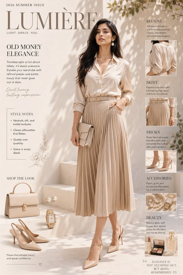 A high-fashion editorial cover featuring an elegant Indian model in a sunlit minimalist c…