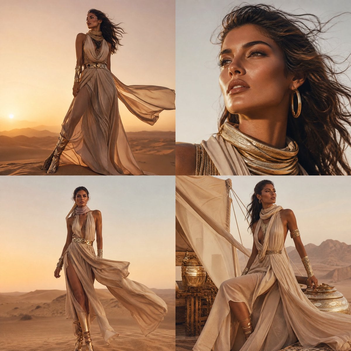 A high-fashion cinematic desert shoot inspired by Vogue editorial styling. The character …