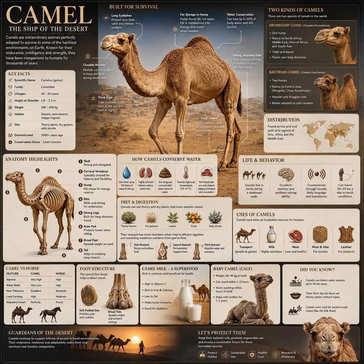 Create a premium square “reference-style wildlife infographic” centered around the camel,…