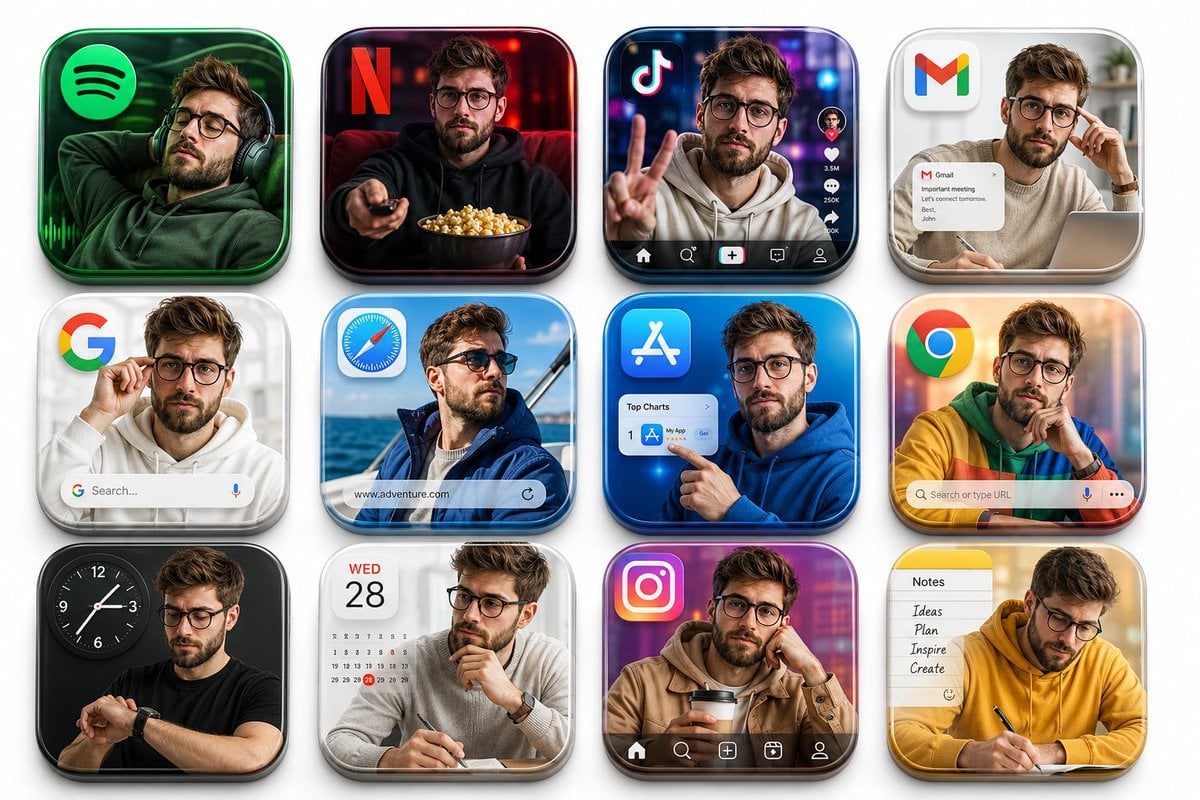 Create a premium 3D grid of 12 square app icons arranged neatly on a clean white studio b…