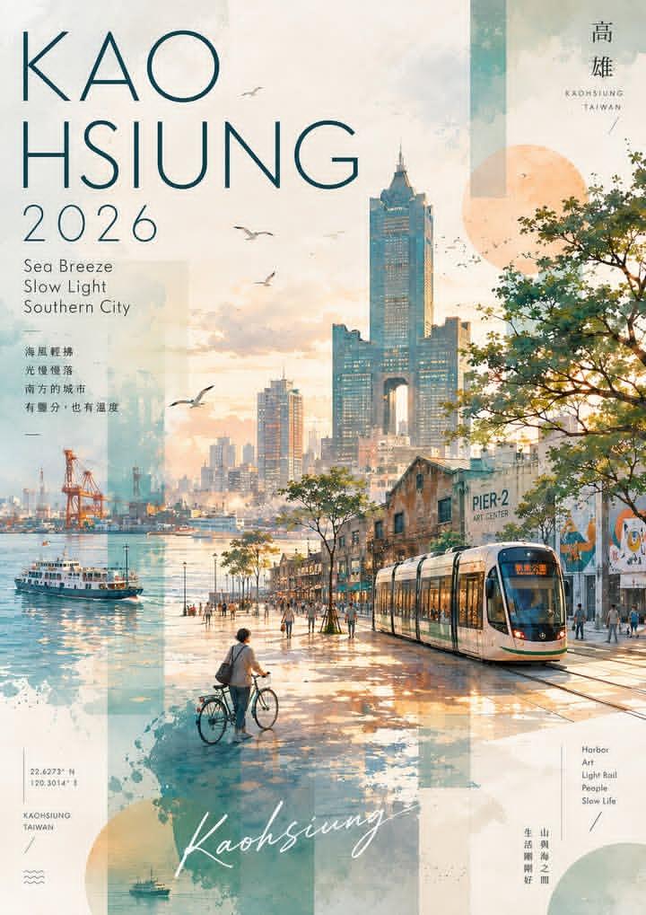 Watercolor and collage travel poster for Kaohsiung, Taiwan, vertical layout, soft pastel …
