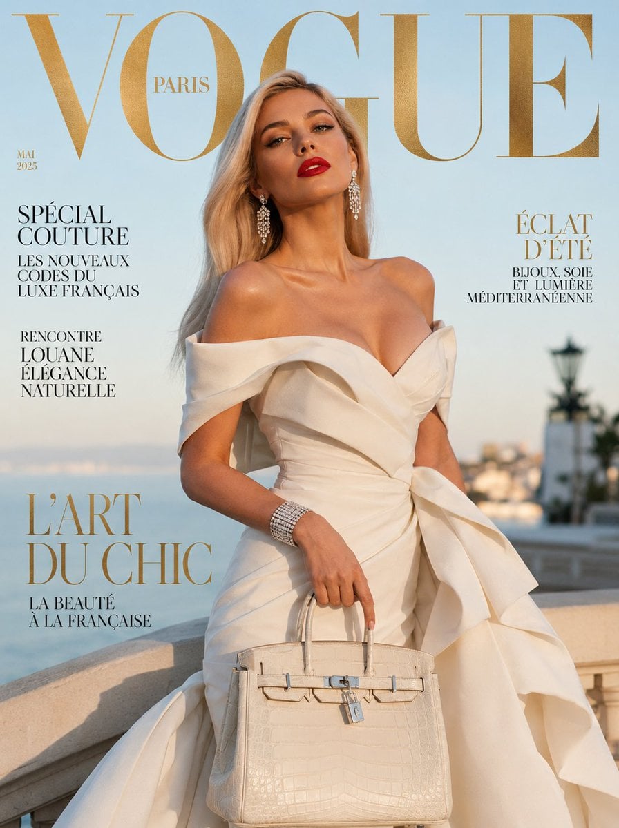 Ultra-realistic luxury fashion magazine cover featuring an elegant French woman with shar…