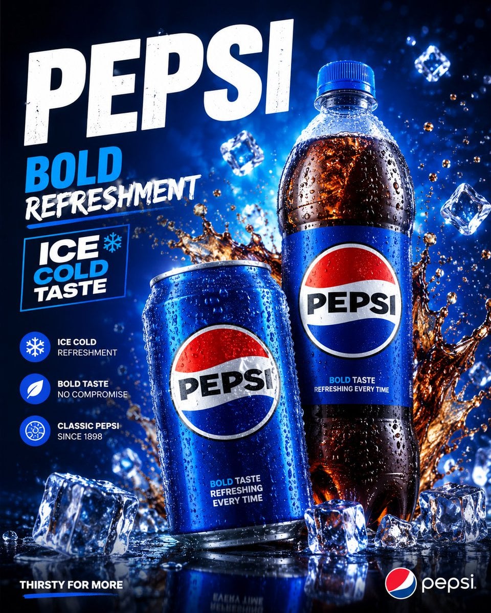 Create a premium Pepsi drinks packaging advertisement poster with a bold, refreshing, and…