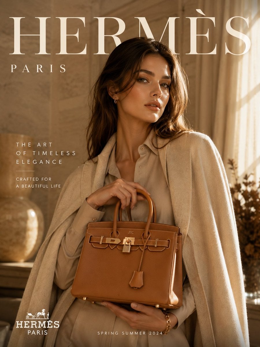 Create an ultra-premium luxury fashion campaign poster inspired by elite European fashion…