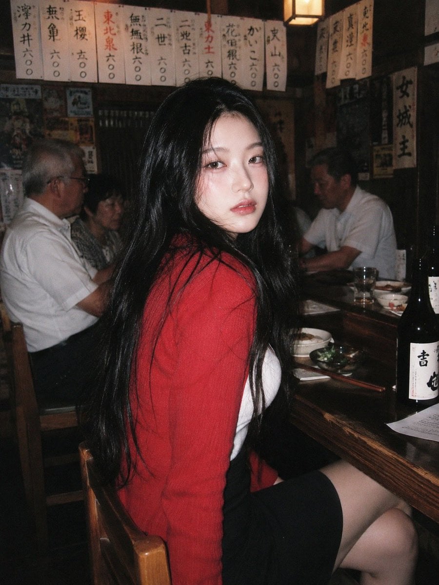A 90s disposable-camera style flash snapshot taken inside a small, bustling Japanese izak…