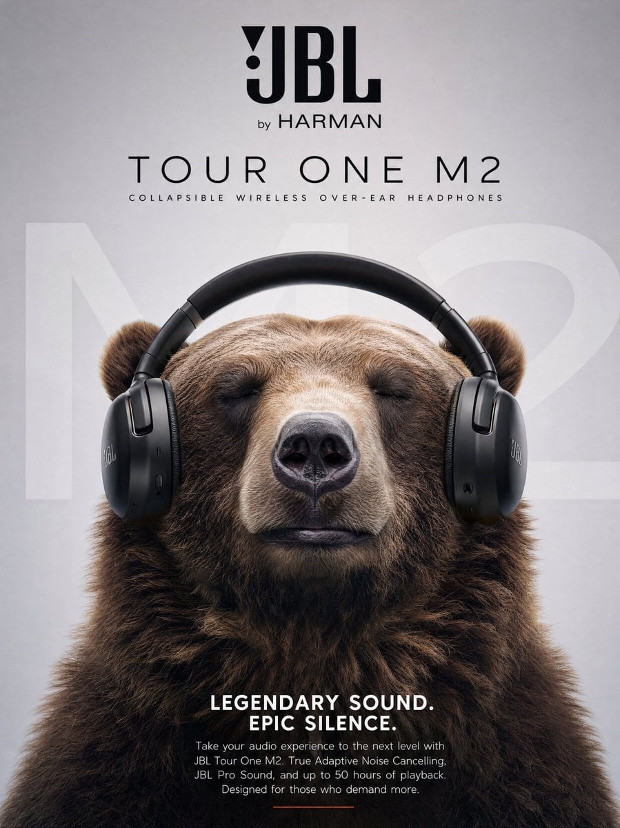 Ultra realistic commercial poster of a massive brown grizzly bear peacefully enjoying mus…