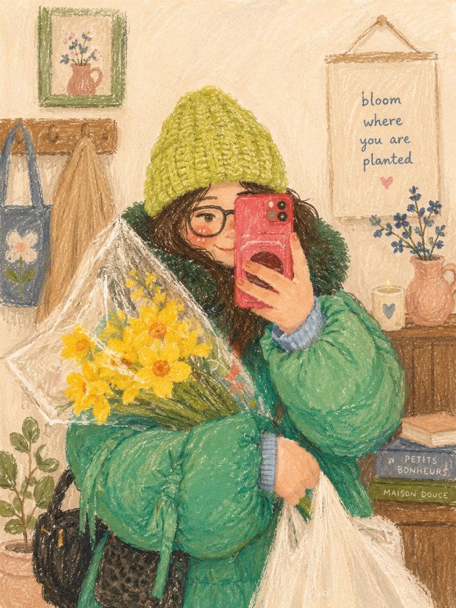 Cute cozy oil pastel illustration, soft textured crayon art style, aesthetic girl selfie …
