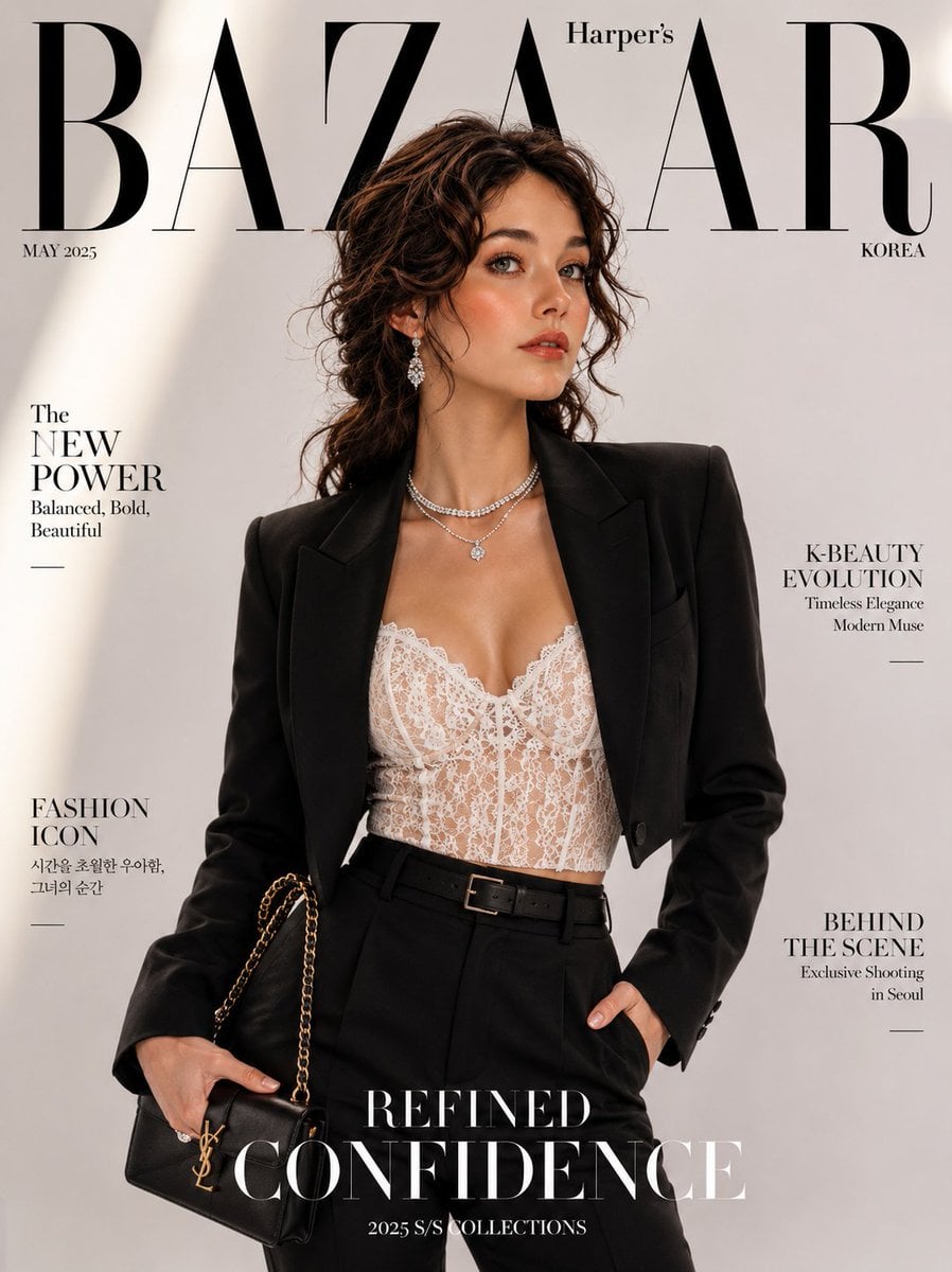 Using the provided reference image, create an ultra-realistic luxury fashion magazine cov…