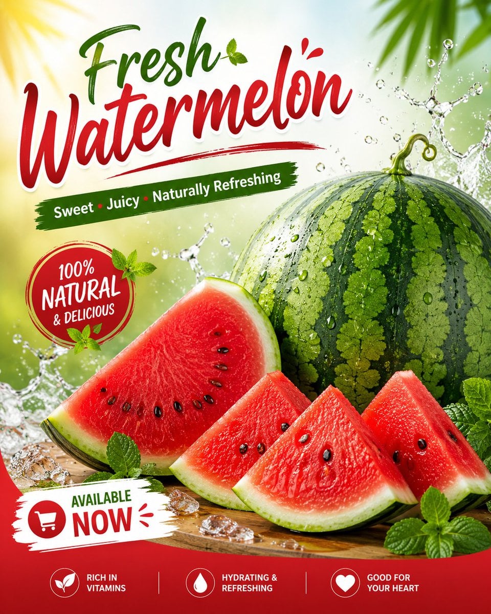 Create a fresh, eye-catching social media advertisement poster for watermelon fruit.