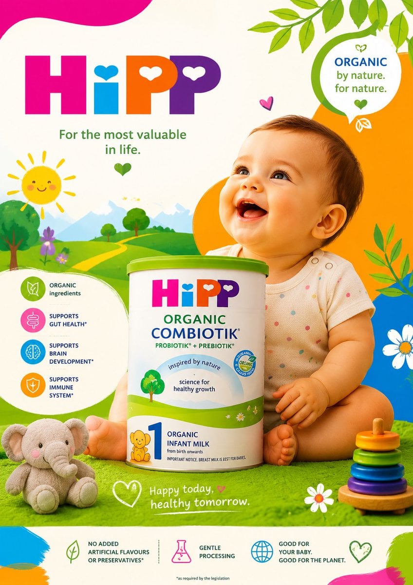 Ultra-premium commercial baby formula advertisement poster for a famous infant milk brand…