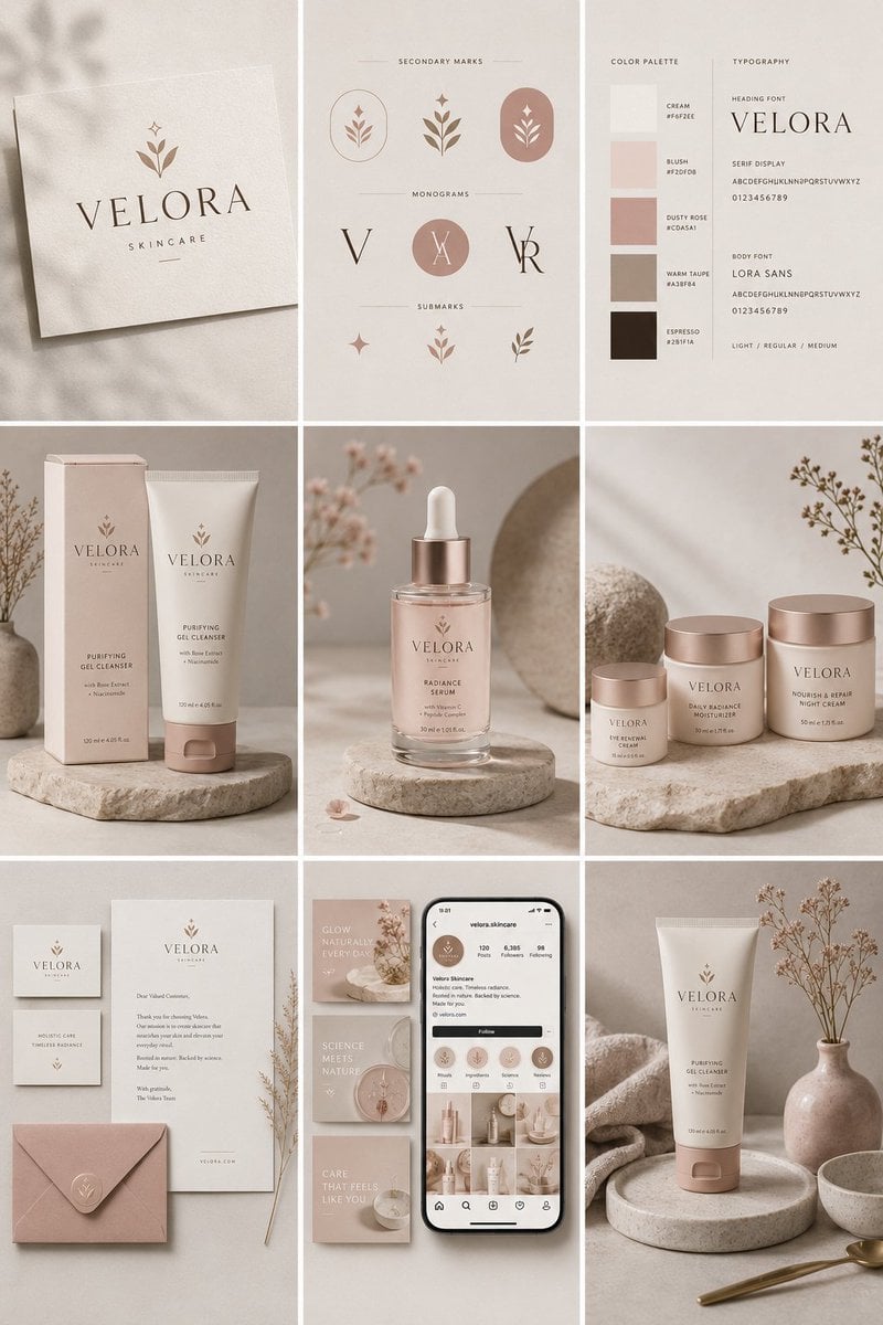 Create a complete brand identity presentation for an original premium skincare brand call…
