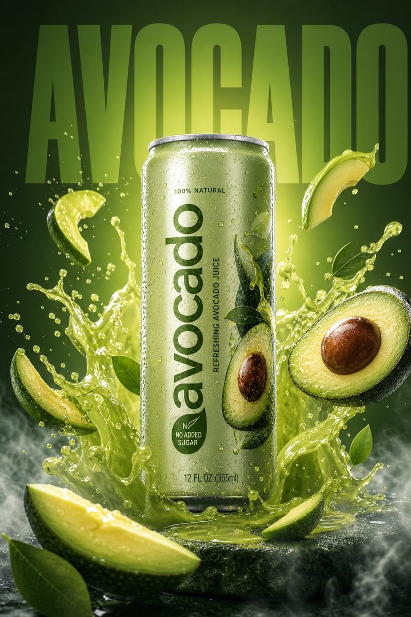 A high-resolution, vibrant product ad featuring a (avacado ) flavored beverage can. Place…