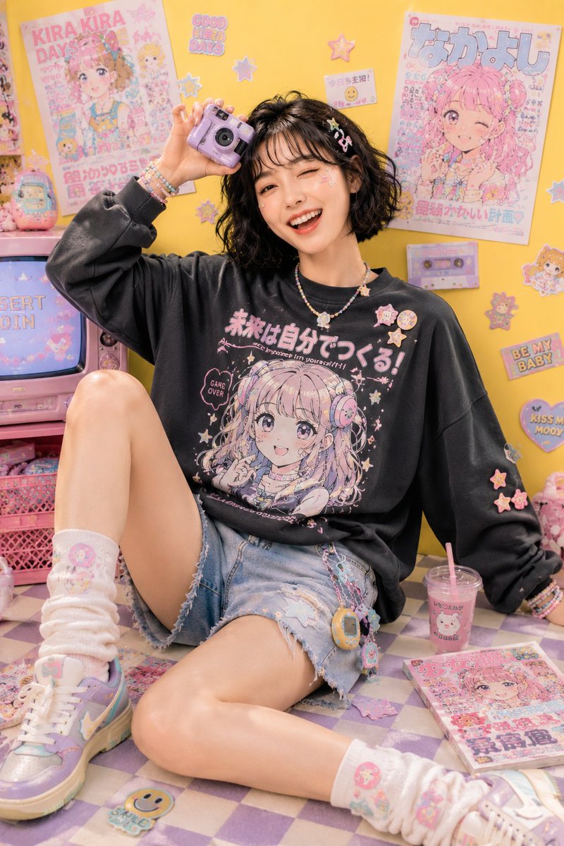 Playful kawaii-inspired studio fashion editorial featuring a cheerful young Asian woman w…