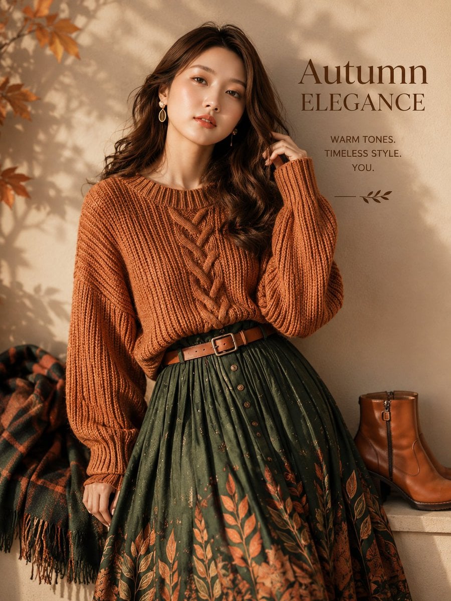 Ultra-realistic autumn fashion editorial poster featuring a beautiful East Asian woman po…