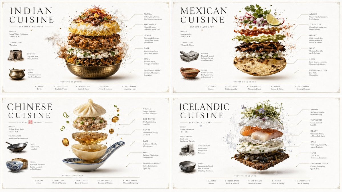 2x2 grid, 16:9, do this for Indian, Mexican, Chinese, and Iceland cuisines:  INPUT:  [FOO…