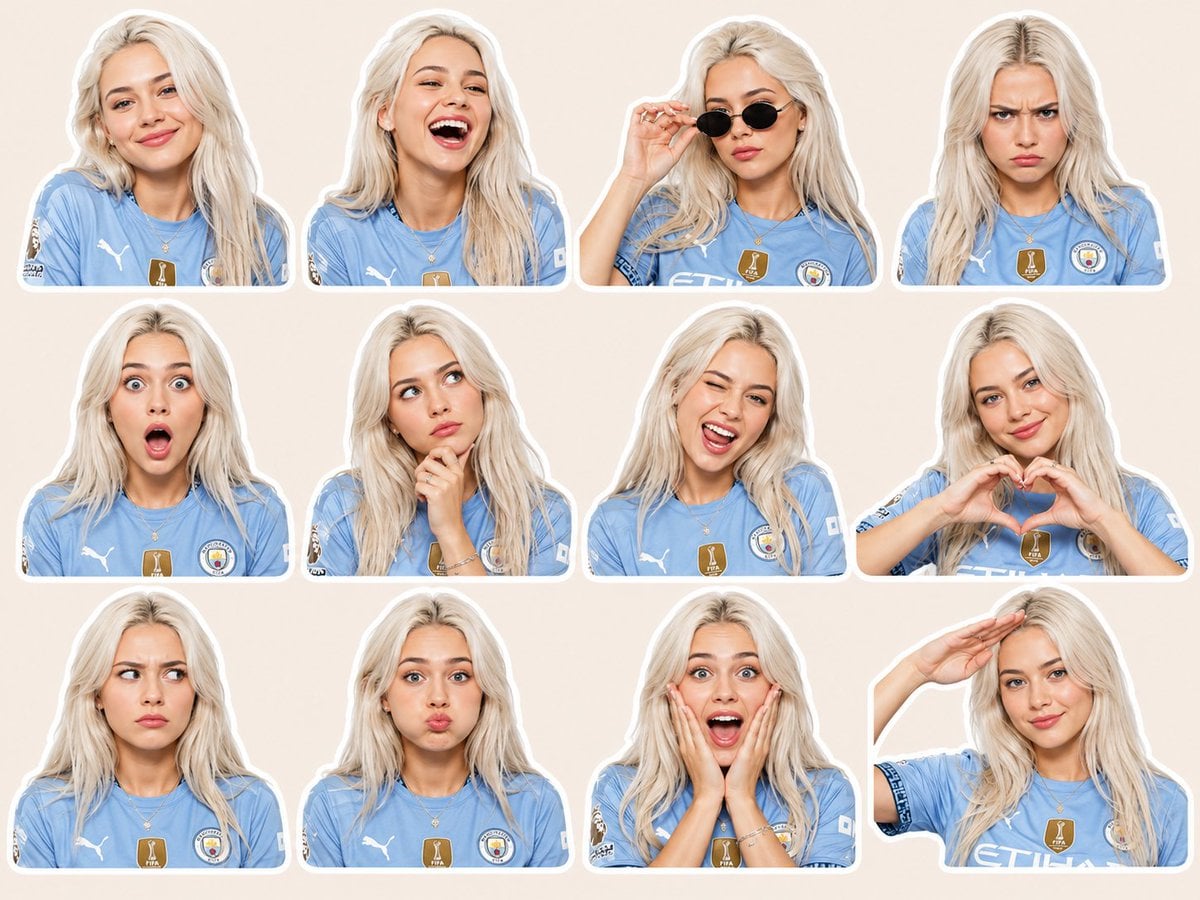 A high-quality premium sticker pack featuring the same young beautiful English woman in 1…