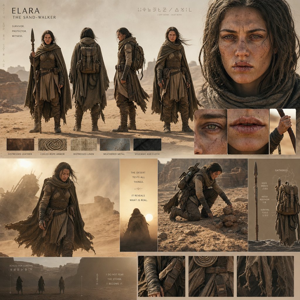 An epic desert-world cinematic character board with monumental scale and atmospheric real…