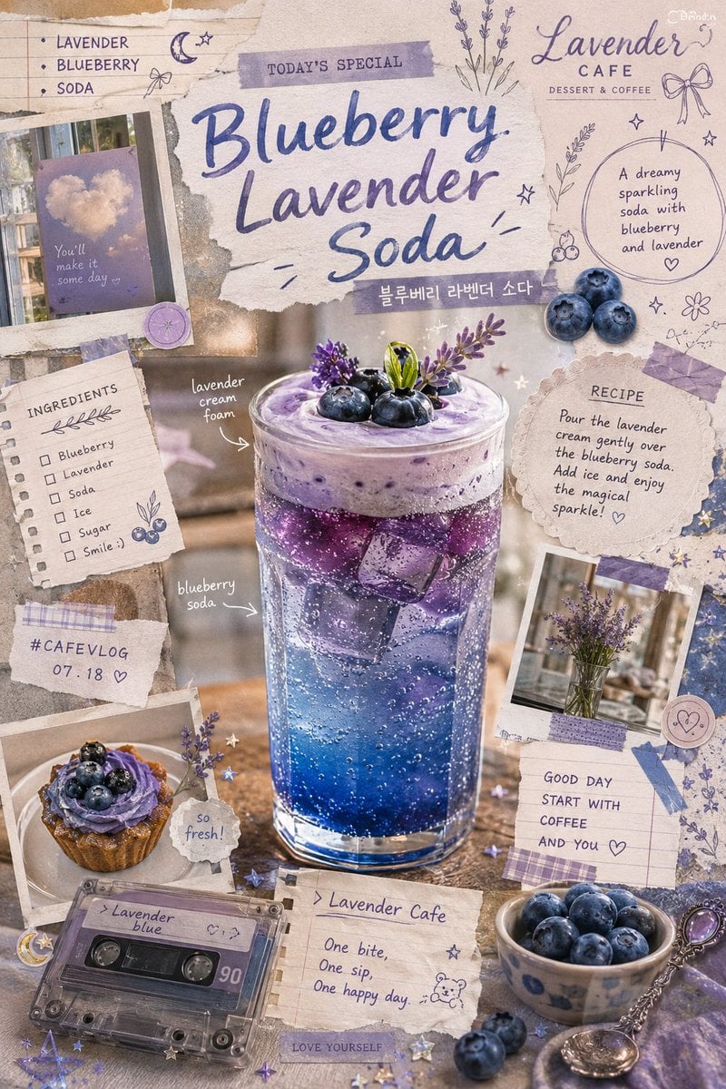 Vintage-inspired blueberry lavender soda scrapbook poster, dreamy artisanal cafe advertis…