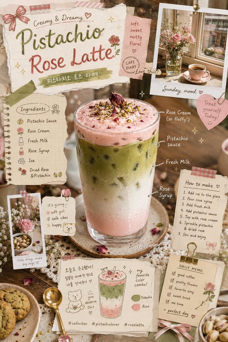 rose latte aesthetic, layered iced pistachio drink with rose cream foam and milk gradient…